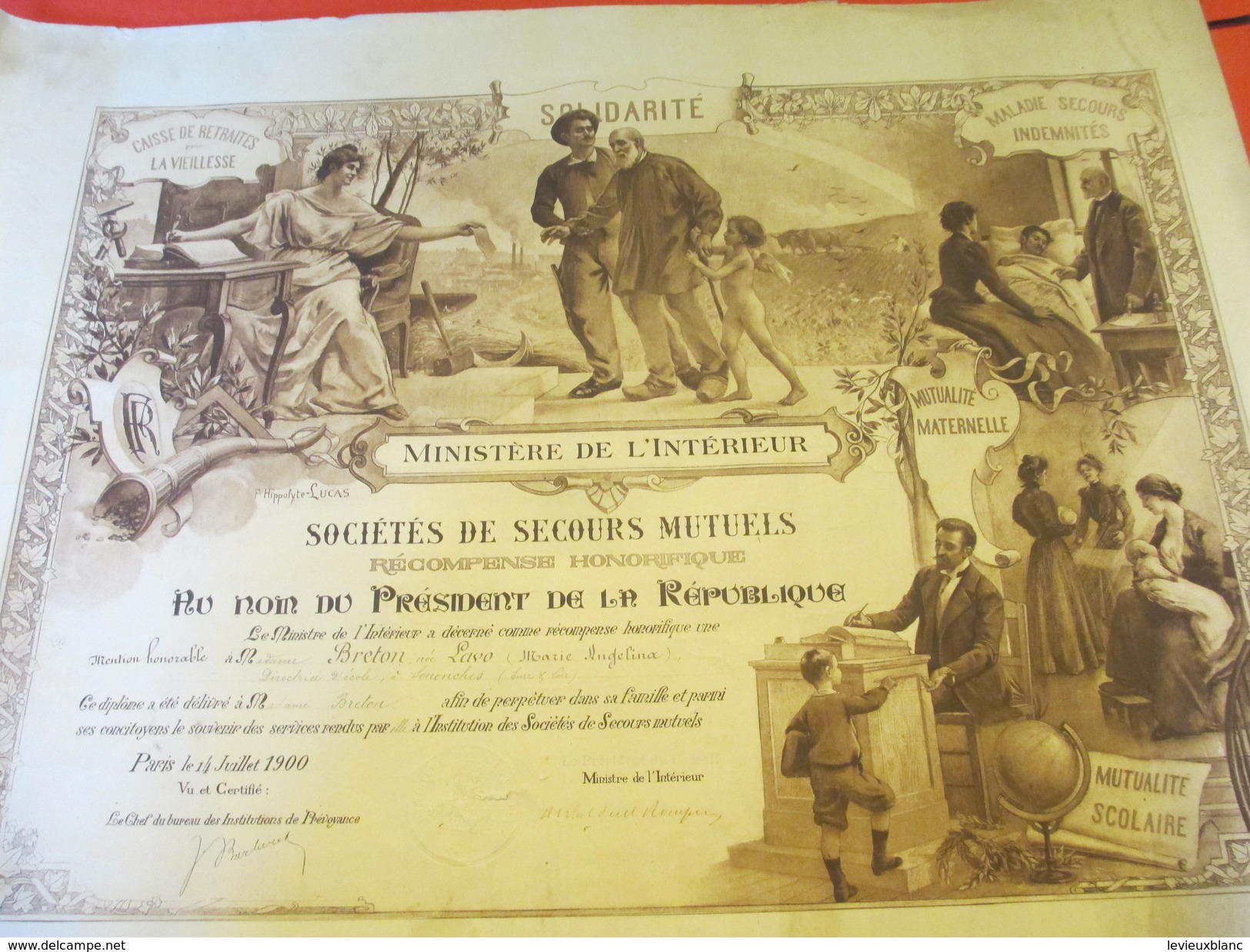 Diplôme/Ministére De L'Intérieur/Soc. De Secours Mutuels/Mention Honorable/BRETON /Senonches/Eure & Loir/1900    DIP199 - Diplômes & Bulletins Scolaires