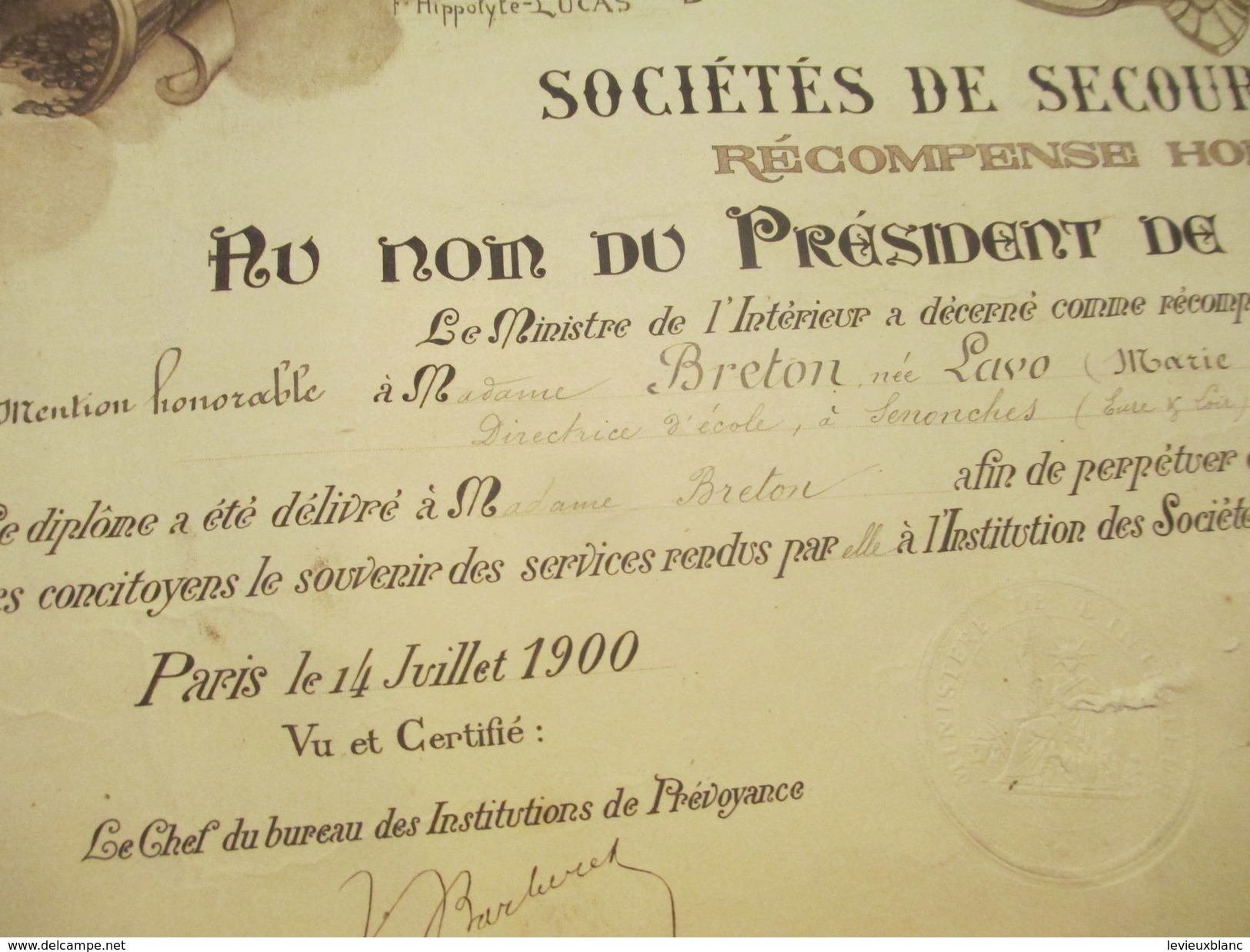 Diplôme/Ministére De L'Intérieur/Soc. De Secours Mutuels/Mention Honorable/BRETON /Senonches/Eure & Loir/1900    DIP199 - Diplômes & Bulletins Scolaires