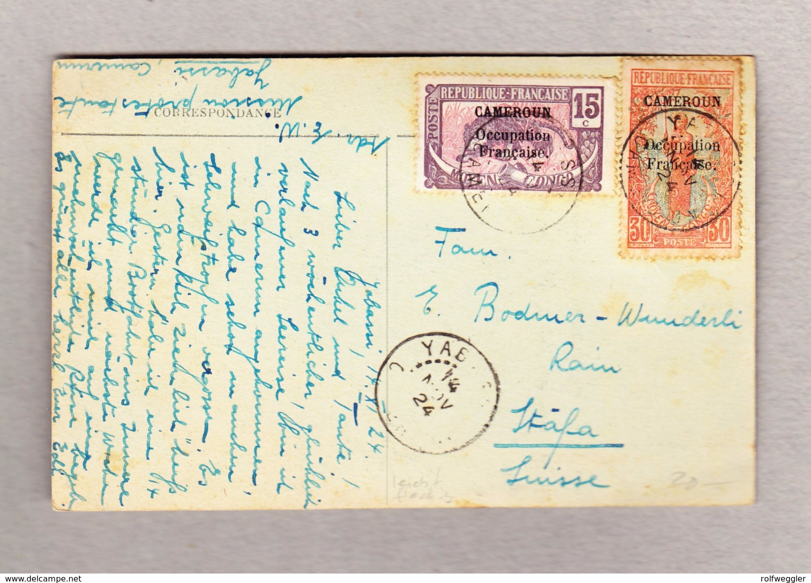 Cameroun 14.11.1924 Yabassi Ansichtskarte Nach Stäfa - Briefe U. Dokumente