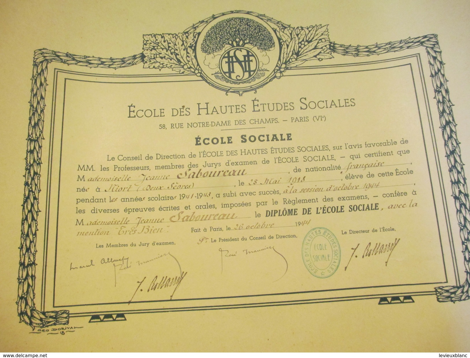 Diplôme/Ecole Hautes Etudes Sociales/rue Notre Dame Des Champs/Ecole Sociale/SABOUREAU/Niort/ Deux Sévres/1944    DIP200 - Diplômes & Bulletins Scolaires