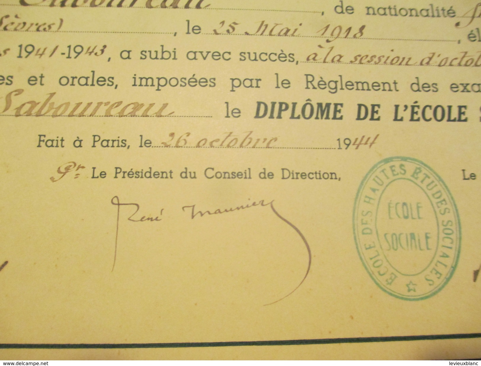 Diplôme/Ecole Hautes Etudes Sociales/rue Notre Dame Des Champs/Ecole Sociale/SABOUREAU/Niort/ Deux Sévres/1944    DIP200 - Diploma & School Reports