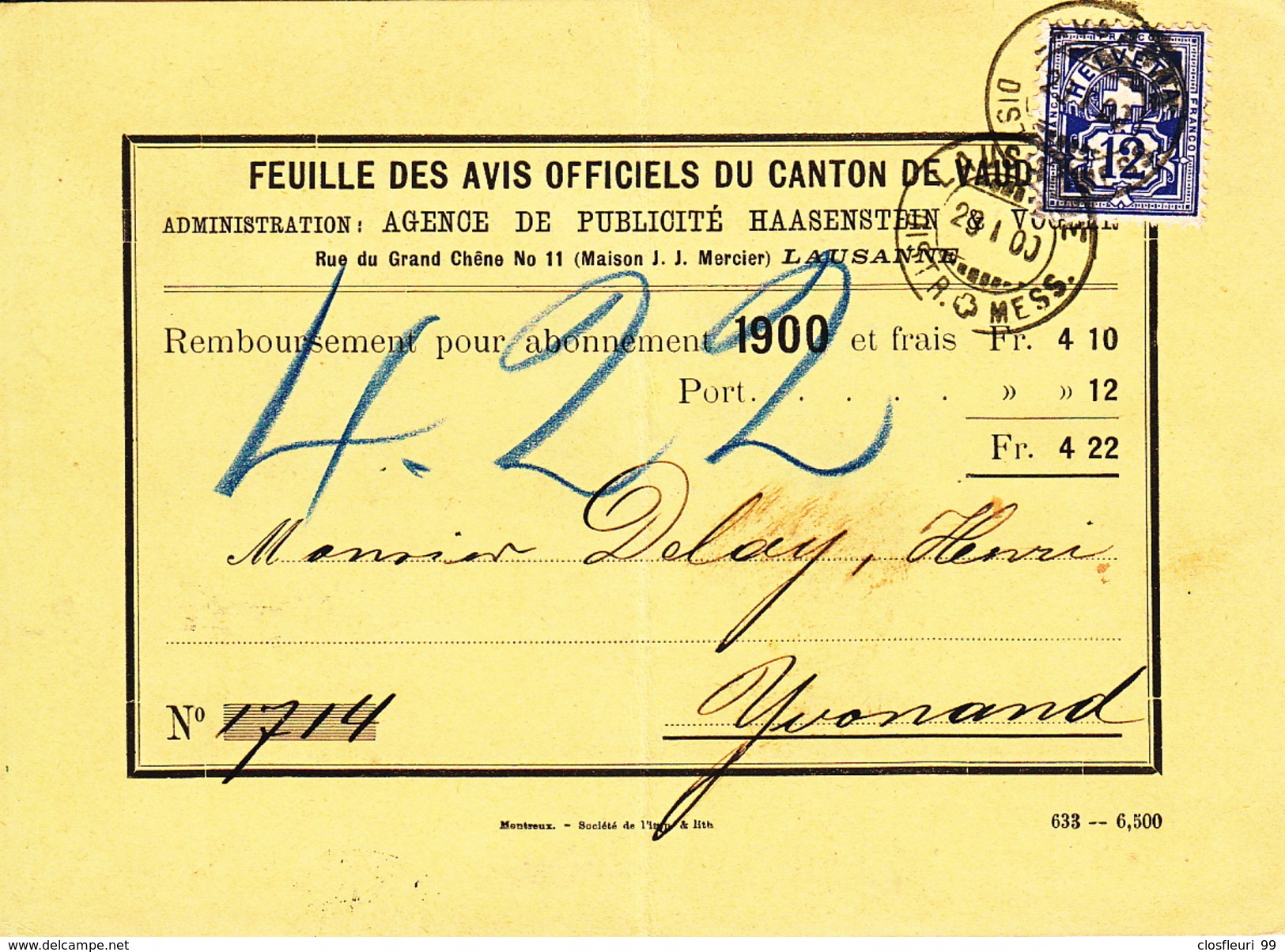 Remboursement  Pour 1900: Feuille Avis Officiels Du Canton De VD / 23.1.1900. Cachet Arrivée Yvonand - Storia Postale