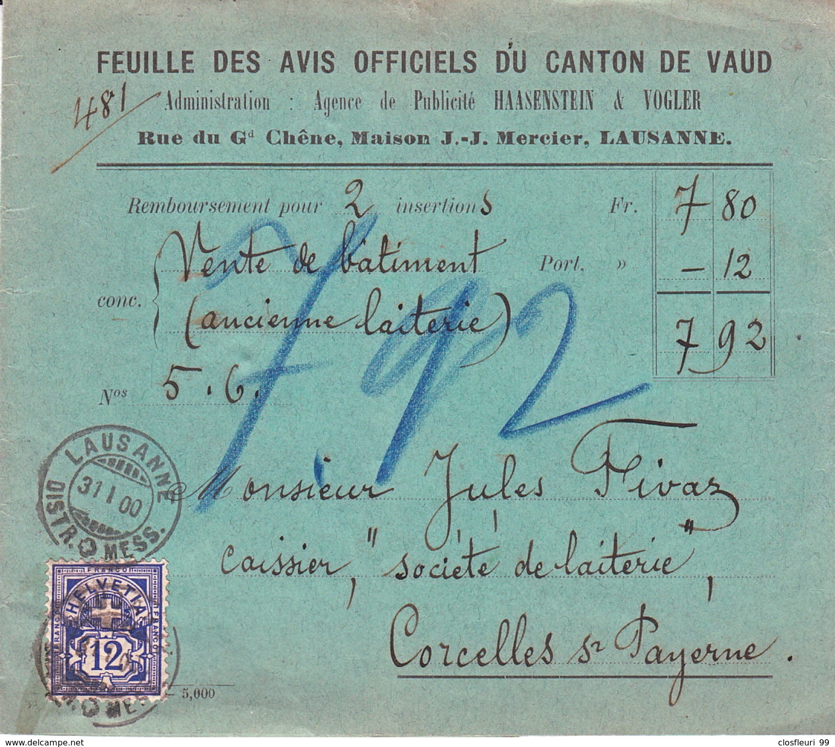 2 Remboursement  Feuille Avis Officiels Du Canton De VD. Timbre N° 62 Bb & 62 B (Mi.55Yd & 55Y) . 21.1.1998 - Brieven En Documenten