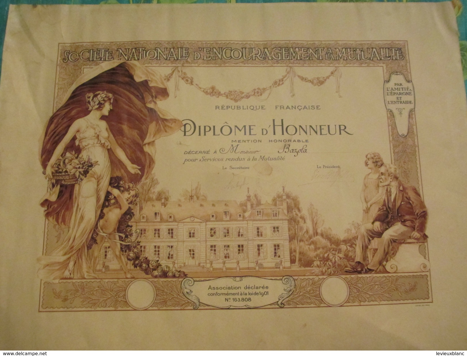 Diplôme D'Honneur/Mention Honorable/ Soc. Nat. D'Encouragement à La Mutualité/BAZOLA/Vers 1905-10   DIP201 - Diplômes & Bulletins Scolaires