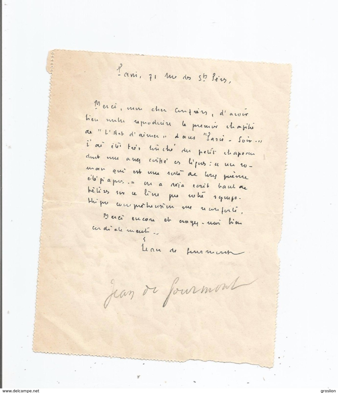 JEAN DE GOURMONT (LE MESNIL VILLEMAN 1877 PARIS 1928) ECRIVAIN FRANCAIS LETTRE ADRESSEE A GABRIEL REUILLARD 1926 - Autres & Non Classés