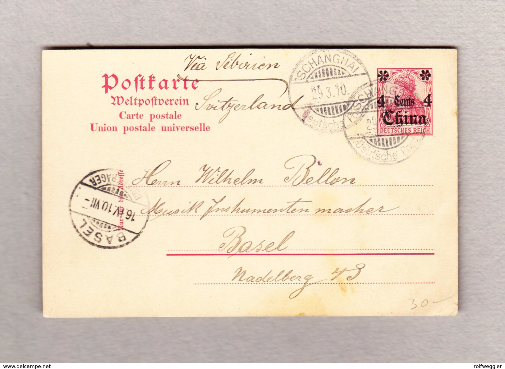 D Germania Ganzsache 4cents China Aufdruck Von Schanghai 29.3.1910 Nach Basel - China (offices)