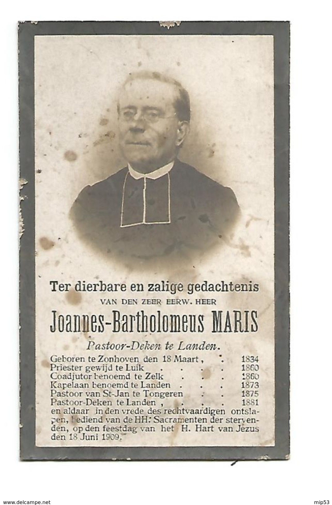 P 186. E.H. MARIS - Pastoor-Deken Te LANDEN - °ZONHOVEN 1834 /LUIK/ZELK/LANDEN/TONGEREN -+LANDEN 1909 - Images Religieuses