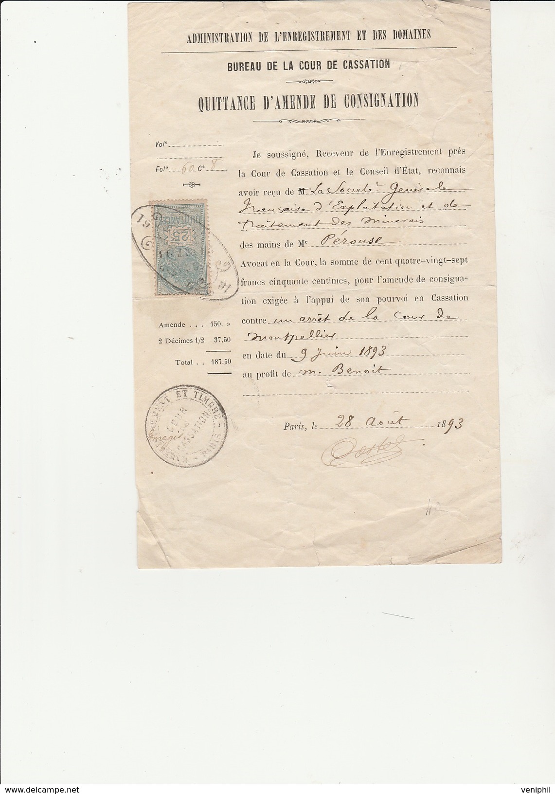 TIMBRE QUITTANCE N°12  APPOSE SUR DOCUMENT BUREAU COUR DE CASSATION  MONTPELLIER 1893 - - Other & Unclassified