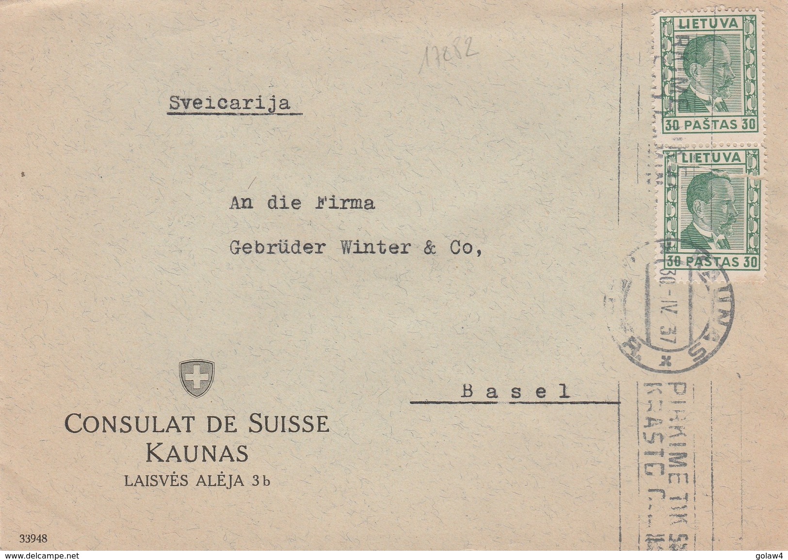 17282# LITHUANIE LETTRE CONSULAT DE SUISSE Obl KAUNAS 1937 LIETUVA SVEICARIJA - Litauen