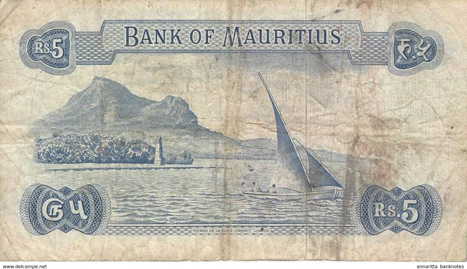 Mauritius (BOM) 5 Rupees ND (1973) S/N A/46 344447 VF Cat No. P-30c / MU401c - Maurice