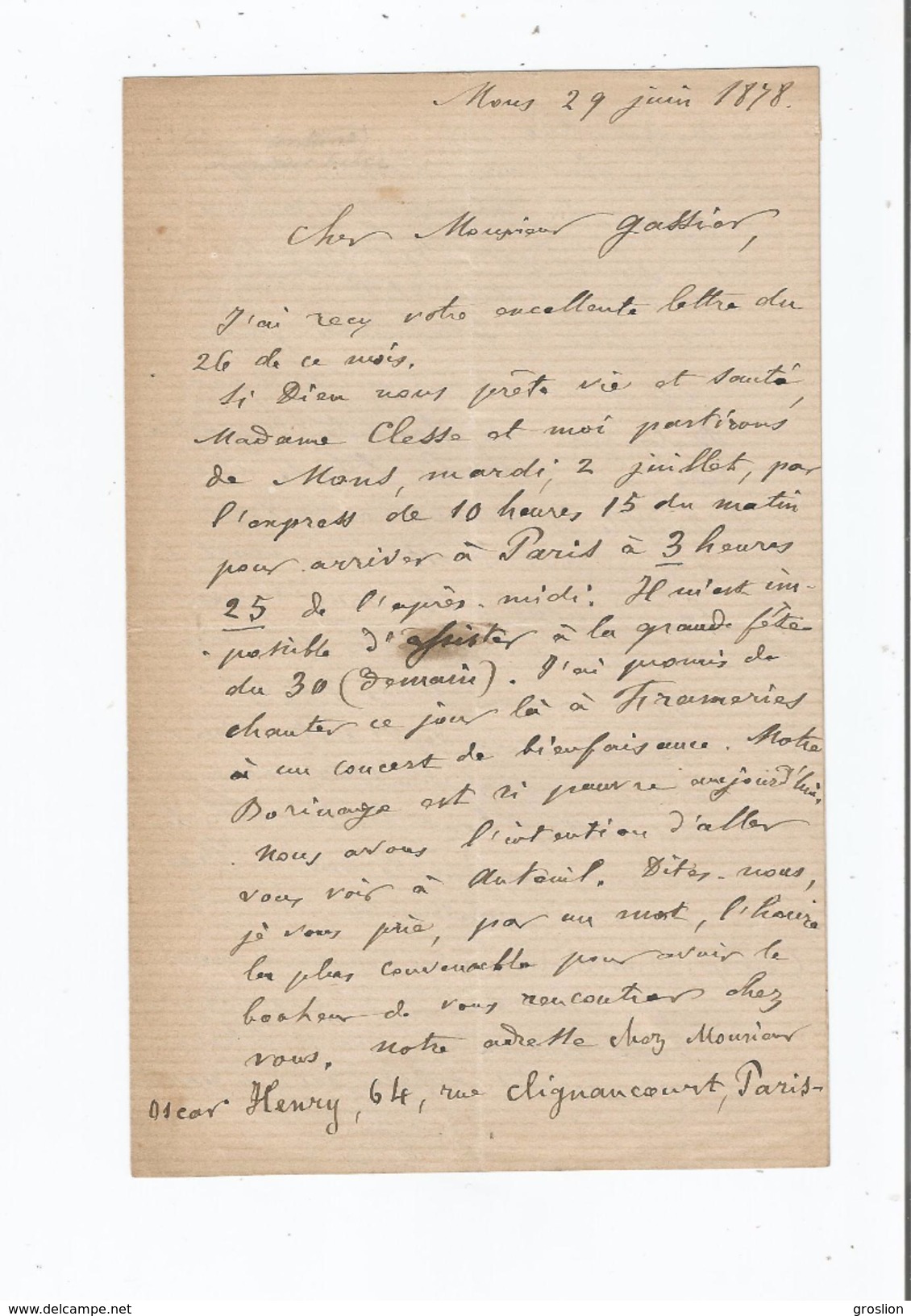 ANTOINE CLESSE (LA HAYE 1816 1889 MONS) POETE CHANSONNIER CHANTEUR BELGE "LA BIERE" LETTRE A SIGNATURE 1878 - Otros & Sin Clasificación