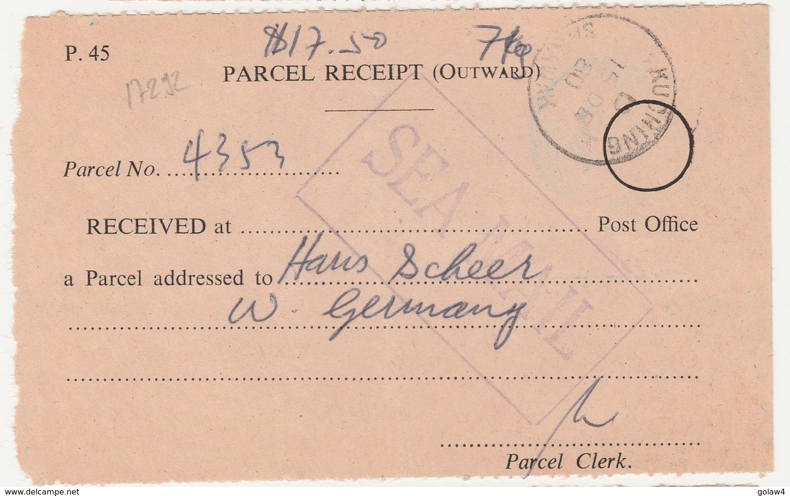 17292# MALAISIE DOCUMENT PARCEL RECEIPT OUTWARD SEA MAIL Obl KUCHING SARAWAK 1980 MALAYSIA - Sarawak (...-1963)