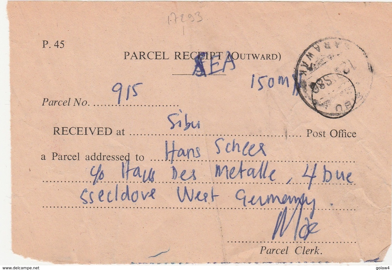 17293# MALAISIE DOCUMENT PARCEL RECEIPT OUTWARD SEA Obl SIBU SARAWAK 1980 MALAYSIA - Sarawak (...-1963)