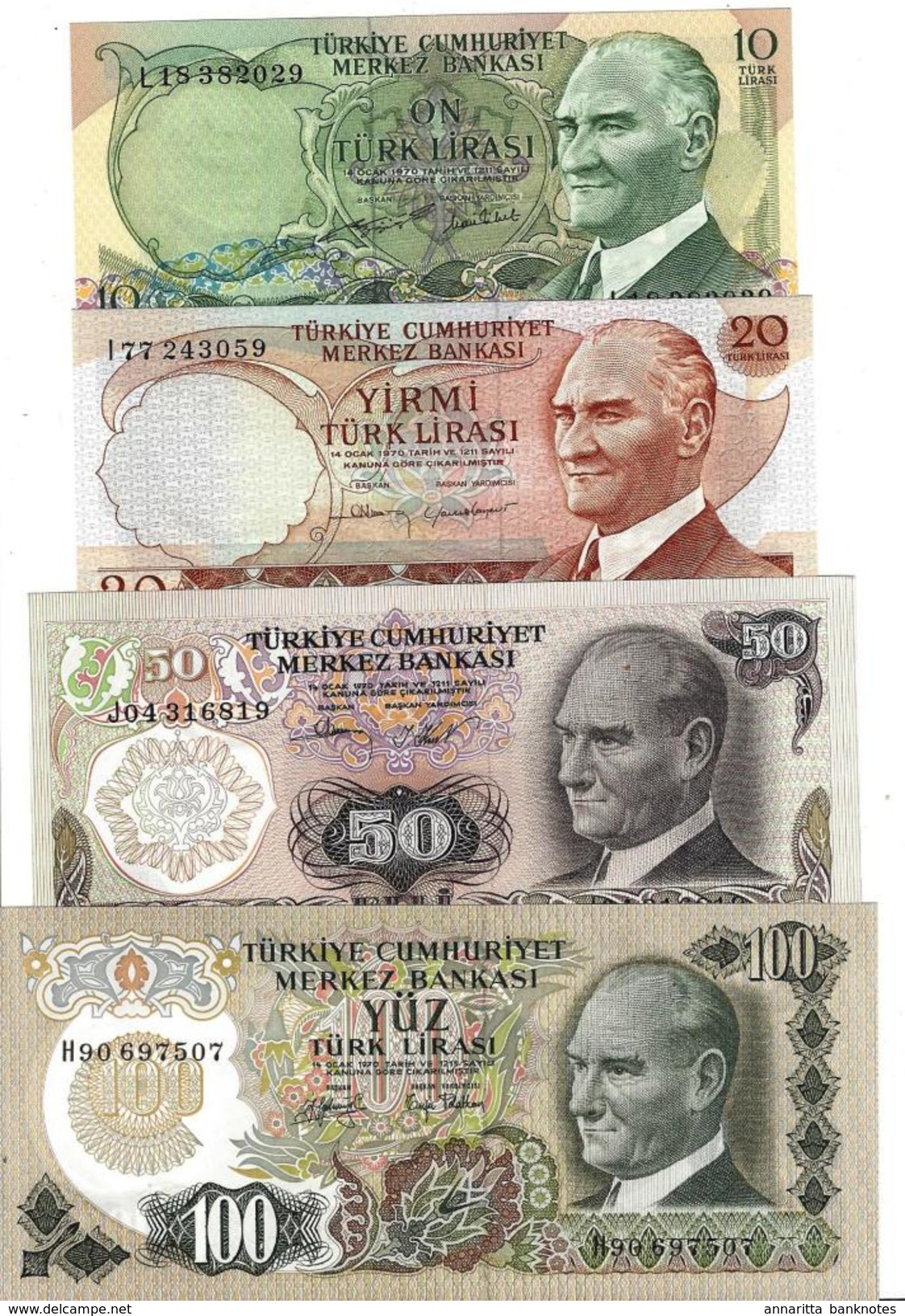 TURKEY 10 20 50 100 TURK LIRASI L.1970 (1975-1983) P-186a UNC SET [TR263c] - Turkey