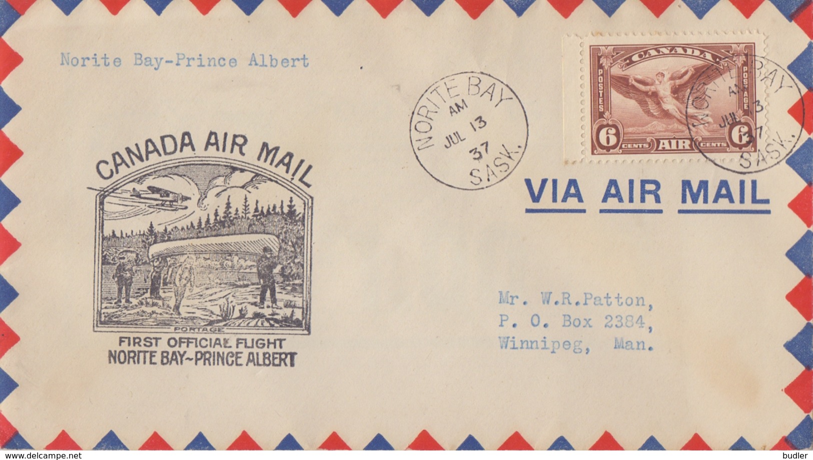 CANADA:1937:Travelled First Official Flight From NORITE BAY To PRINCE ALBERT: NAVIGATION,ROWING,AVIATION,AIR MAIL,ICARUS - Premiers Vols