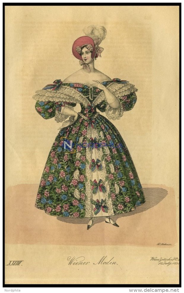 Wiener-Moden - Kleid Aus Gedrucktem Wollmousselin (Blumen) Mit Spitzen Und Schleifen Verziert - Dazu Krepphut Mit Federn - Lithographies