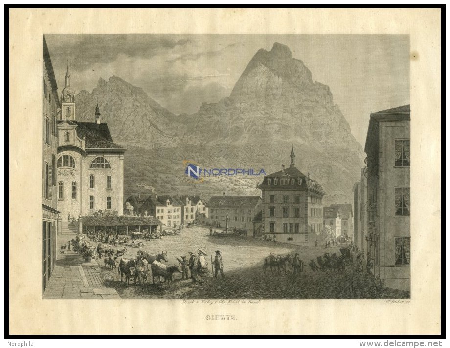 SCHWYZ, Gesamtansicht Mit H&uuml;bscher Tier U.-Personenstaffage Im Vordergrund, Stahlstich Von Huber Um 1840 - Lithographies