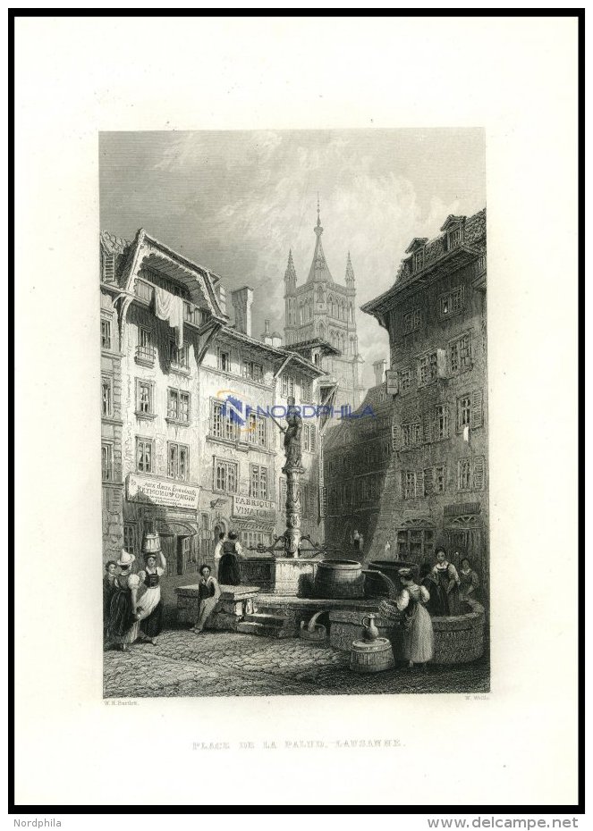 LAUSANNE, Teilansicht, Brunnenszene, Stahlstich Von Bartlett/Wallis, 1836 - Lithographies
