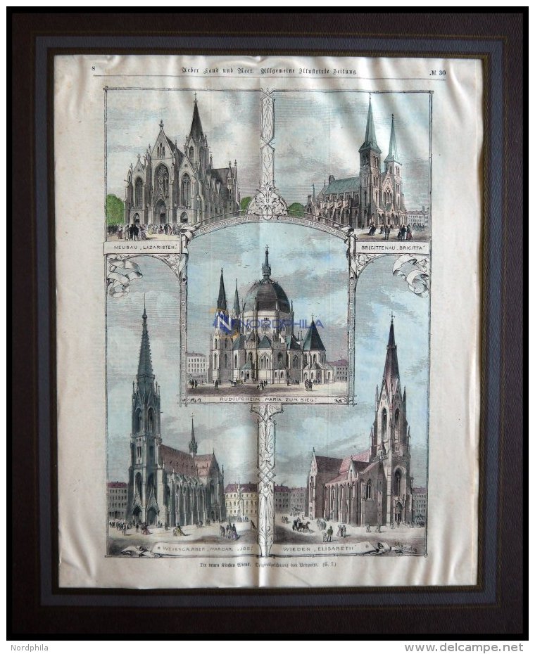 WIEN: Die Neuen Kirchen, 5 Ansichten A.einem Blatt, Kolorierter Holzstich Von Petrovits Um 1880 - Lithographies