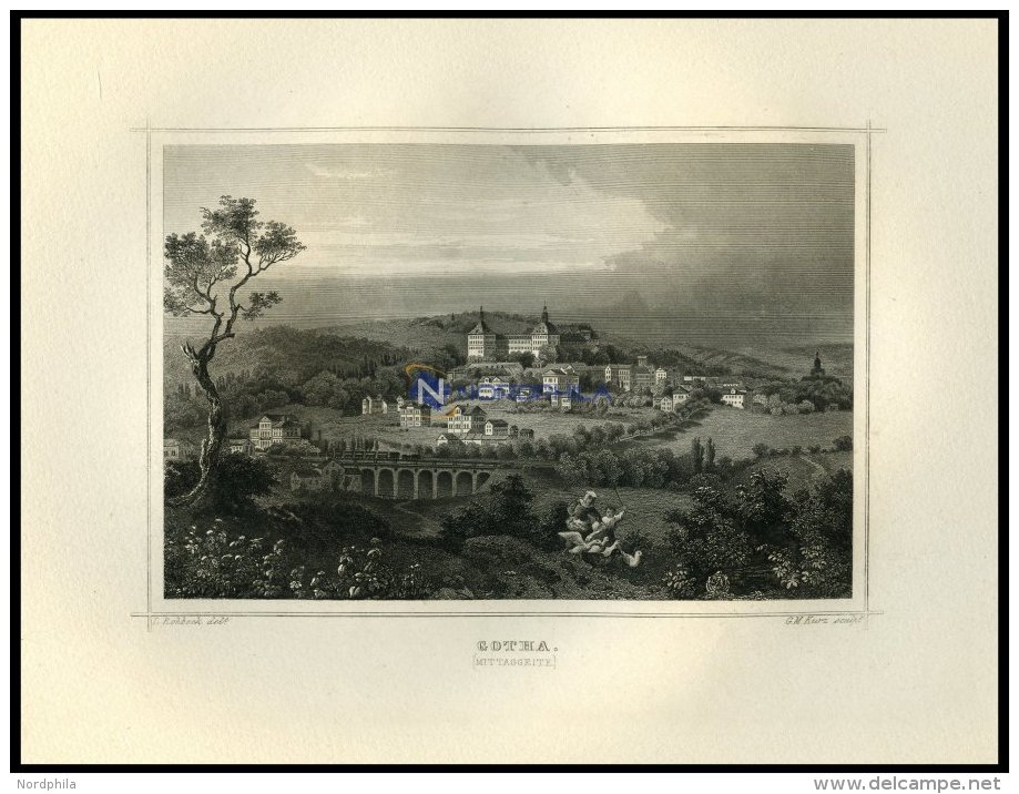 GOTHA, Gesamtansicht Mit Magd Und G&auml;nsen Im Vordergrund, Stahlstich Von Rohbock/Kurz Um 1850 - Lithographies