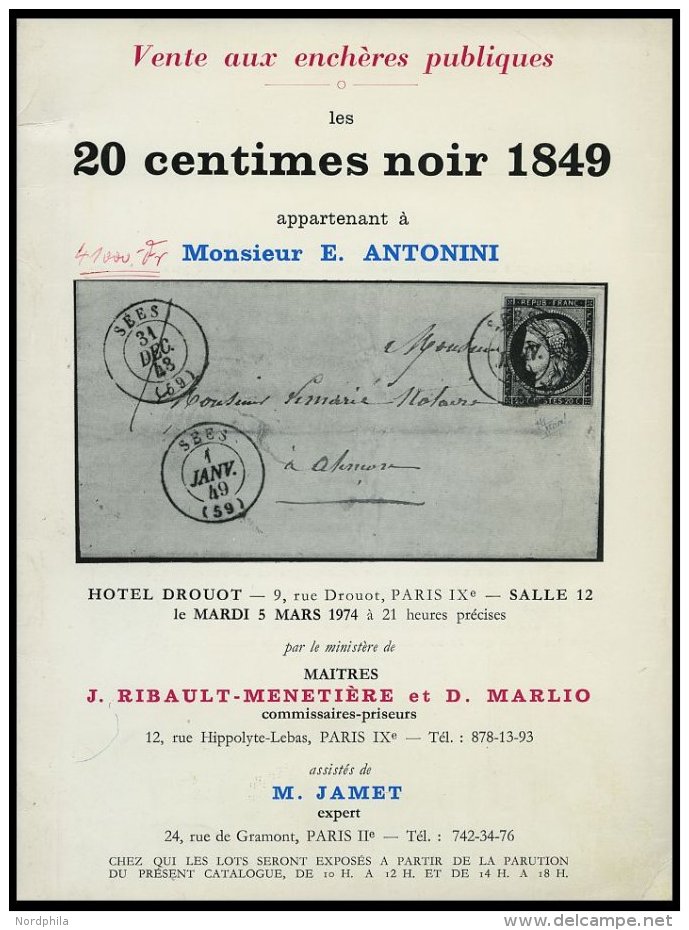PHIL. LITERATUR Katalog 20 Centimes Noir 1849 - Appartenant &agrave; Monsieur E. Antonini, 1974, M. Jamet, 35 Seiten, Di - Philately And Postal History