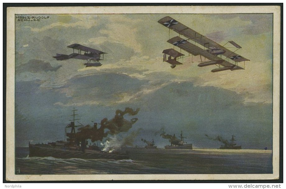 ALTE POSTKARTEN - FLUGZEUGE Wasserflugzeuge &uuml;ber Der Englischen Flotte, Farbige K&uuml;nstlerkarte Von 1916 - Airplanes