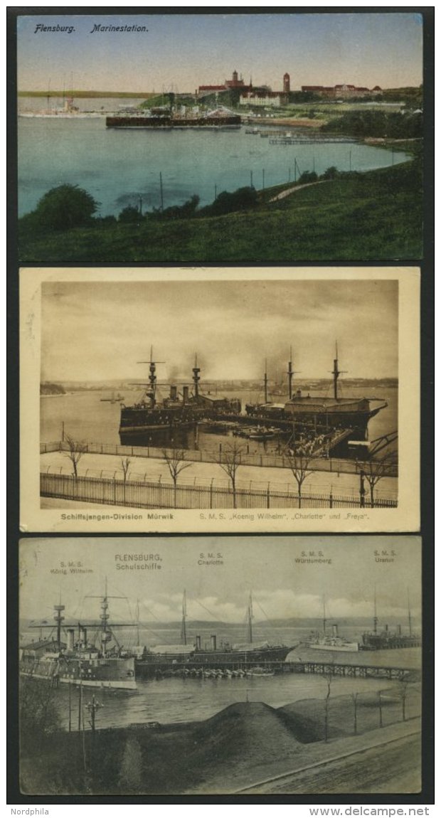 ALTE POSTKARTEN - SCHIFFE KAISERL. MARINE BIS 1918 Marinehafen Flensburg, 4 Verschiedene Karten - Warships