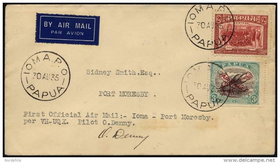 PAPUA 70y,96 BRIEF, 30.8.1935, Erstflug IOMA-PORT MORESBY, Per VH-UQX Pilot O. Denny, Mit Pilotenautogramm, Prachtbrief, - Papua New Guinea