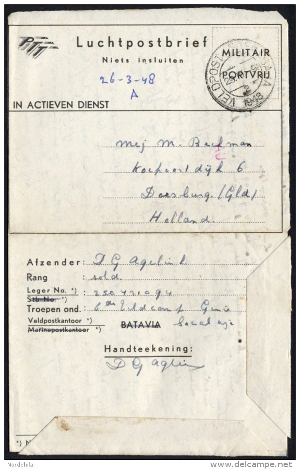 NIEDERL&Auml;NDISCH-INDIEN 1948, K2 VELDPOST-SOERABAJA/2/1948 Auf Luft-Feldpost-Vordruckbrief IN ACTIEVEN DIENST, Pracht - Netherlands Indies