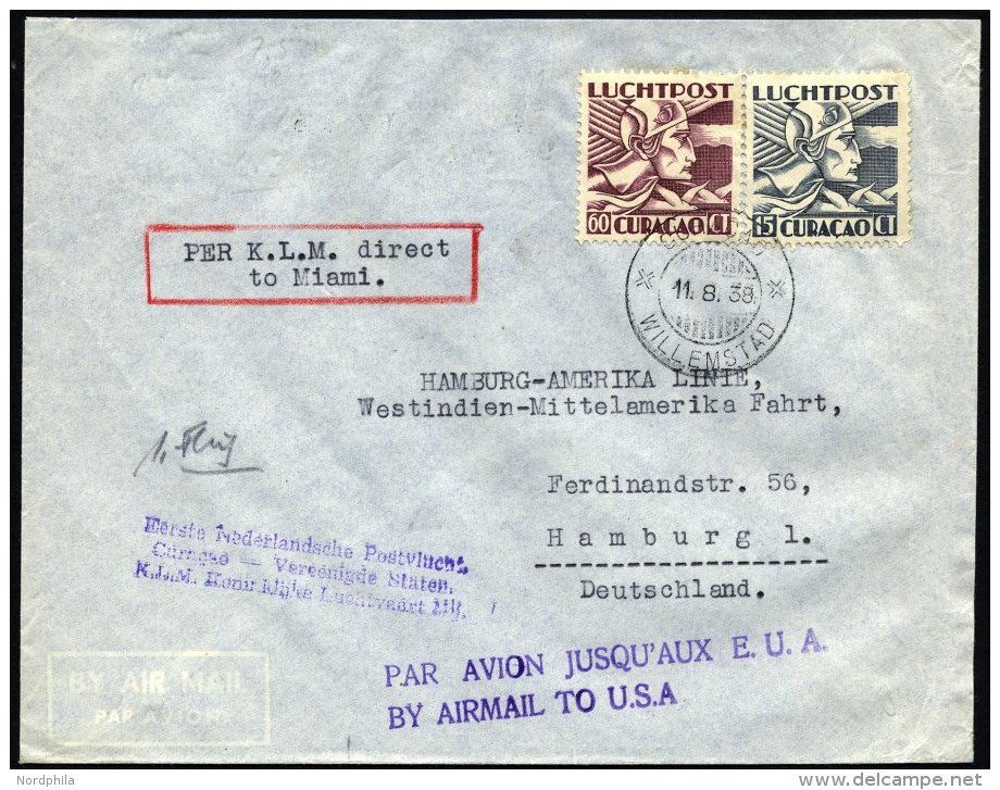 CURACAO 109,117 BRIEF, 11.9.1938, 1. KLM-Flug WILLEMSTAD (Curacao)-MIAMI, Bedarfsbrief, Pracht - Curacao, Netherlands Antilles, Aruba