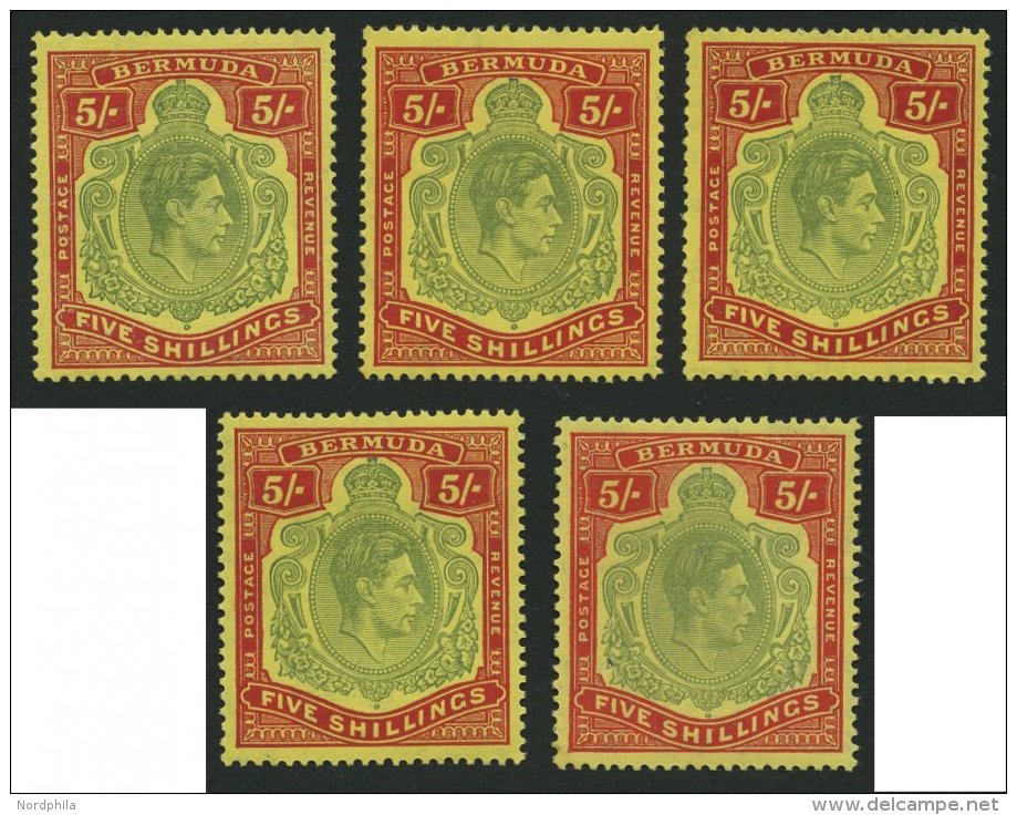 BERMUDA-INSELN 113a,b **,* , 1939-45, 5 Sh. Rot/gr&uuml;n Auf Gelb Und Rot/hellgr&uuml;n Auf Gelb, Gez&auml;hnt 14, 5 We - Bermuda