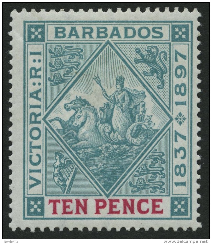 BARBADOS 60x *, 1897, 10 P. 60 Jahre Regentschaft, Wei&szlig;es Papier, Falzreste, Herstellungsbedingte Gummiknitter, Pr - Barbados (1966-...)