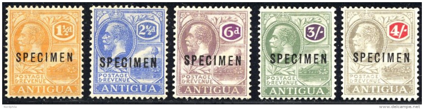 ANTIGUA 48,52,5,9,60Sp *, 1922/7, 11/2, 21/2, 6 P., 3 Und 4 Sh. K&ouml;nig Georg V, Wz. CA Schreibschrift, Aufdruck SPEC - Antigua And Barbuda (1981-...)