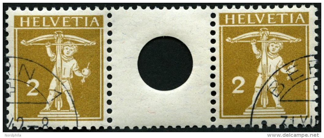 ZUSAMMENDRUCKE WZ 2IA O, 1909, Tellknabe 2 + Z + 2, Type I, Zwischensteg Mit Gro&szlig;em Loch, Pracht, Mi. 140.- - Se-Tenant