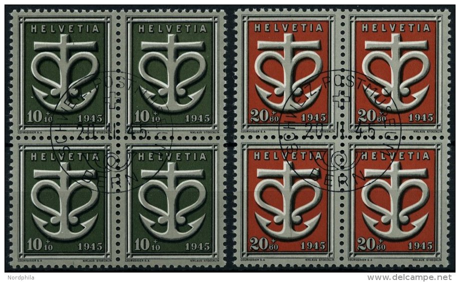 SCHWEIZ BUNDESPOST 443/4 VB O, 1945, Kriegsgesch&auml;digte In Viererblocks Mit Zentrischen Ersttags-Sonderstempeln, Pra - Used Stamps