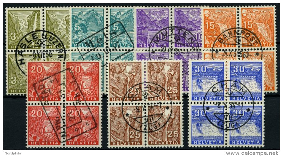 SCHWEIZ BUNDESPOST 270-76 VB O, 1934, Landschaften In Zentrisch Gestempelten Viererblocks, Prachtsatz - Gebraucht