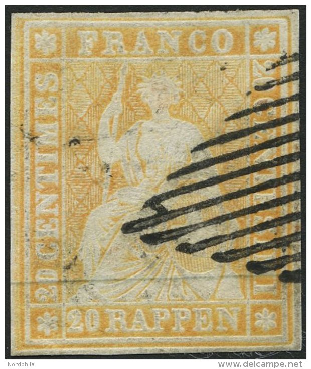 SCHWEIZ BUNDESPOST 16IIAym O, 1854, 20 Rp. Gelborange, Berner Druck I, (Zst. 25Bc), Allseits Breitrandig, Kleine Helle S - Used Stamps