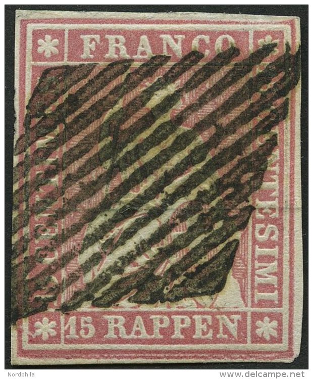 SCHWEIZ BUNDESPOST 15IIByp O, 1857, 15 Rp. Rosa, Blauer Seidenfaden, Berner Druck II, (Zst. 24Da), Allseits Breitrandig, - Gebraucht