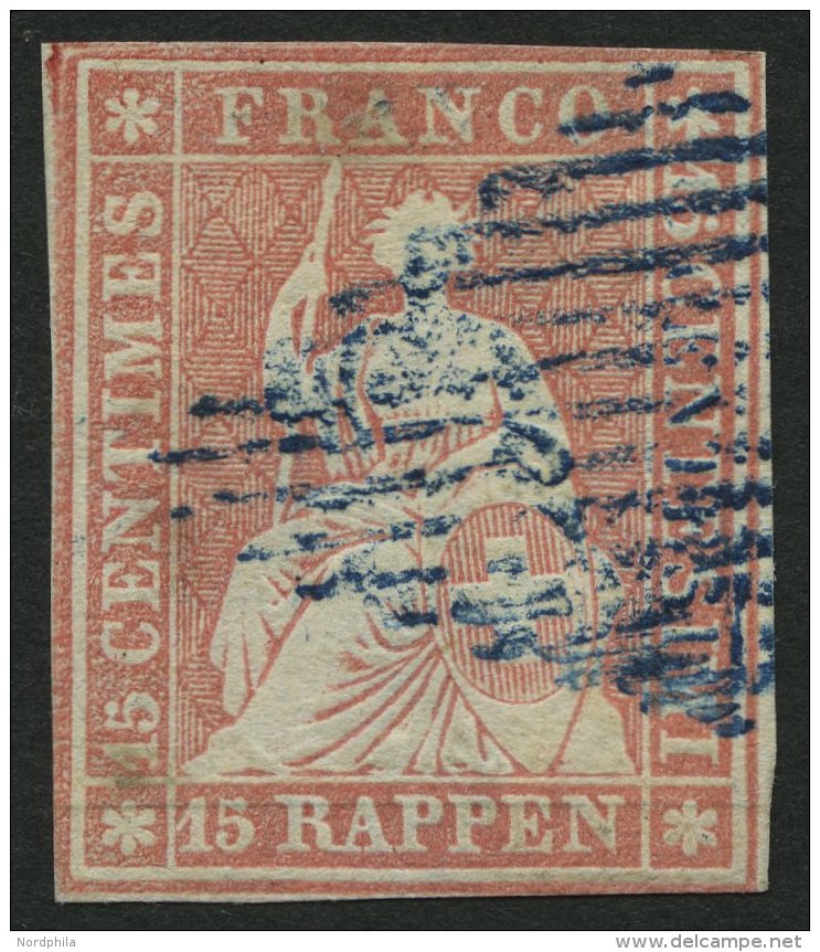 SCHWEIZ BUNDESPOST 15Ia O, 1854, 15 Rp. Hellr&ouml;tlichkarmin, 1. M&uuml;nchner Druck, (Zst. 24Aa), Blaue Raute, Teils - Other & Unclassified