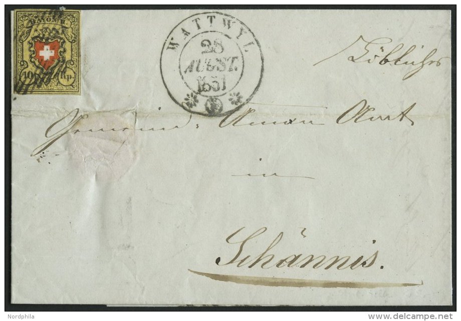 SCHWEIZ BUNDESPOST 8II BRIEF, 1851, 10 Rp. Schwarz/rot Auf Gelb, Type 28, Druckstein A2 (LO), Prachtst&uuml;ck Auf Brief - 1843-1852 Federal & Cantonal Stamps