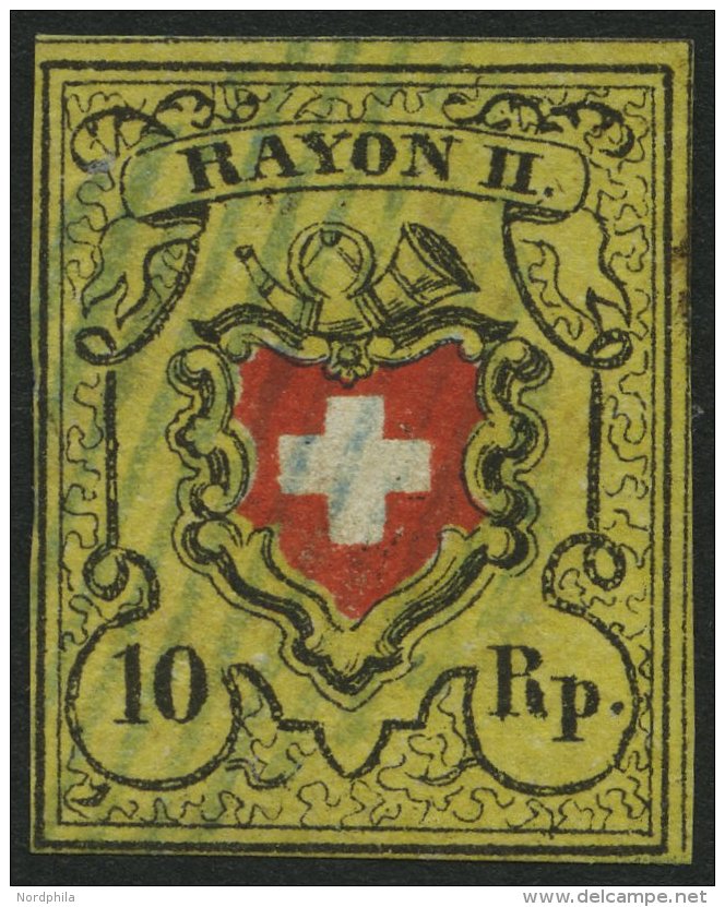 SCHWEIZ BUNDESPOST 8II O, 1851, 10 Rp. Schwarz/rot Auf Gelb, Type 39, Druckstein E (RO), Blaue Raute, Pracht - Other & Unclassified