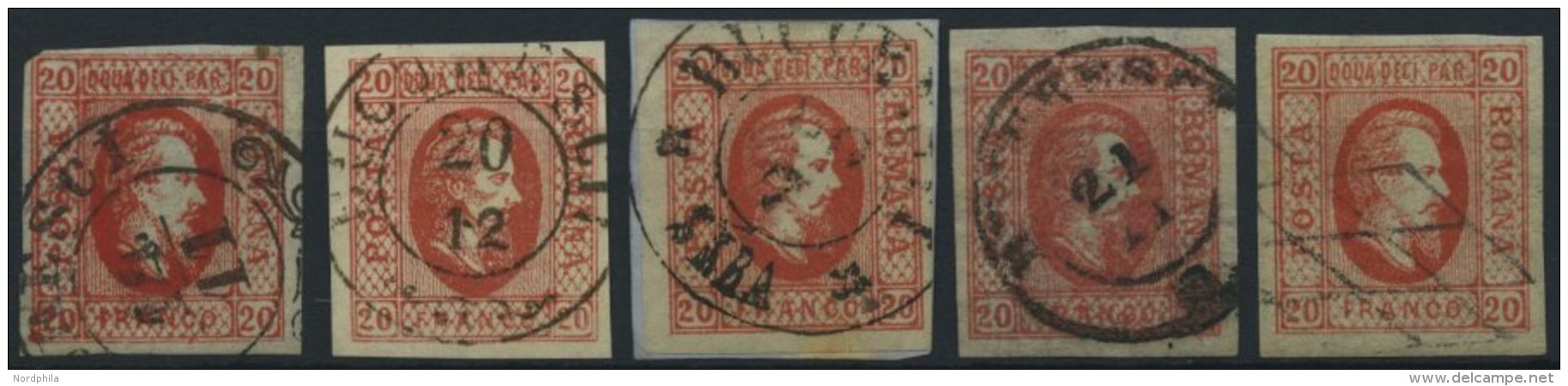 RUM&Auml;NIEN 13x O, 1865, 20 Par. Rot, 5 Prachtwerte Mit Verschiedenen Abstempelungen - Autres & Non Classés