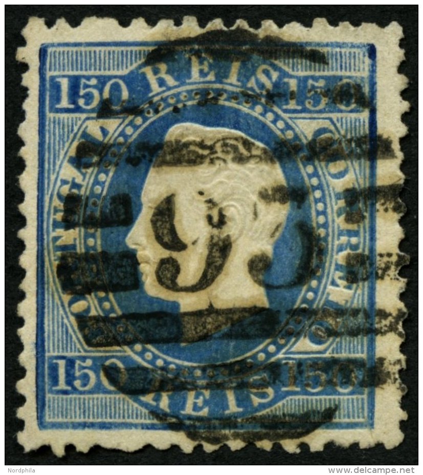 PORTUGAL 43xB O, 1876, 150 R. Mattblau, Gez&auml;hnt 121/2, Zentrischer Nummernstempel 93, &uuml;blich Gez&auml;hnt Prac - Used Stamps