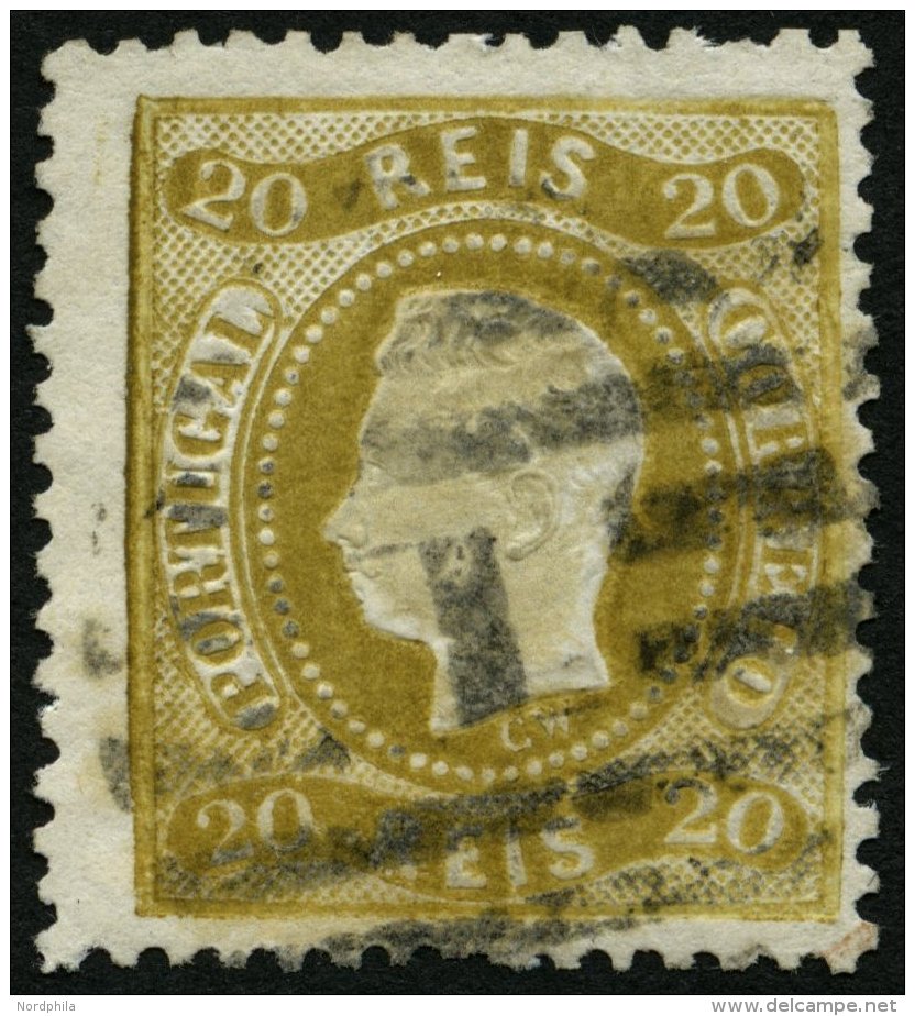 PORTUGAL 27 O, 1869, 20 R. Olivbraun, Nummernstempel 1, &uuml;blich Gez&auml;hnt Pracht, Mi. 150.- - Used Stamps