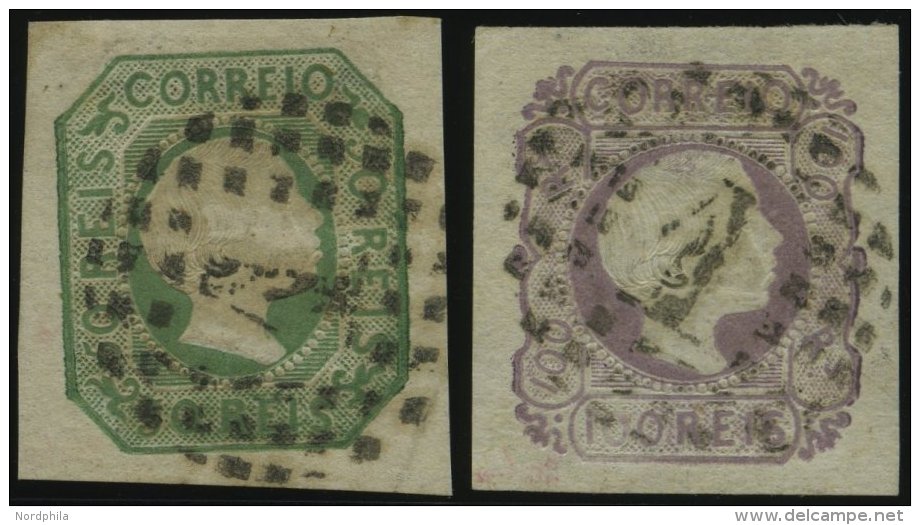 PORTUGAL 7a,8 O, 1855, 50 R. Gelbgr&uuml;n Und 100 R. Lila, 2 Breitrandige Kabinettwerte, Gepr. Drahn, Mi. (230.-) - Used Stamps