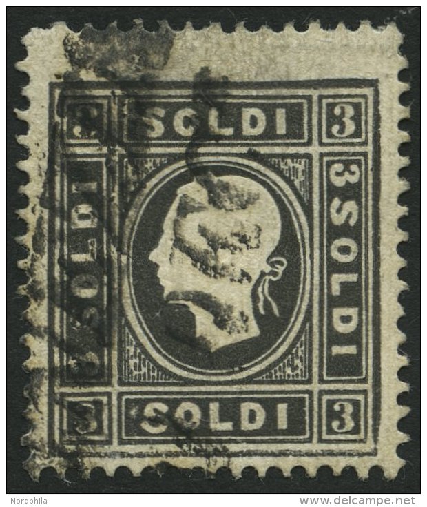 LOMBARDEI UND VENETIEN 7Ia O, 1858, 3 So. Schwarz, Type I, Mit Plattenfehler Kleiner Wei&szlig;er Fleck Vor Soldi Unten, - Lombardy-Venetia