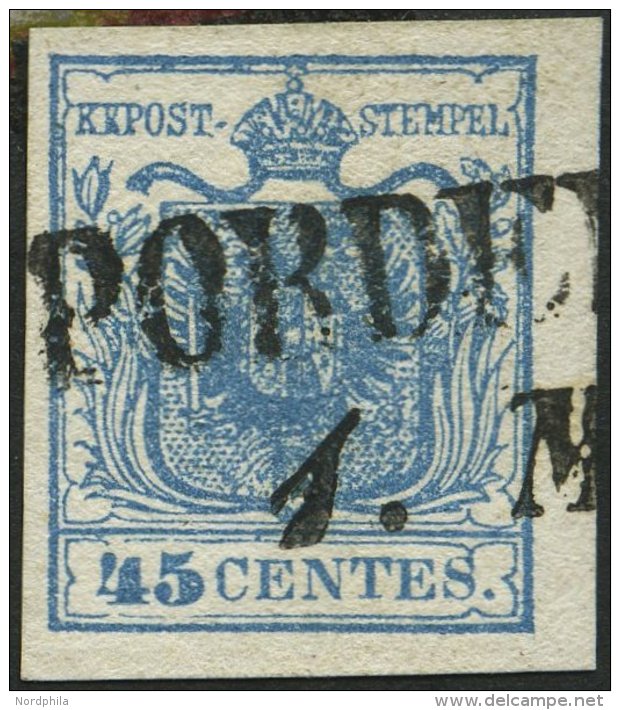 LOMBARDEI UND VENETIEN 5Xa O, 1850, 45 C. Blau, Handpapier, Type I, Mit Plattenfehler D&uuml;nnes C (Nr. 16), L2 PORDE(N - Lombardy-Venetia