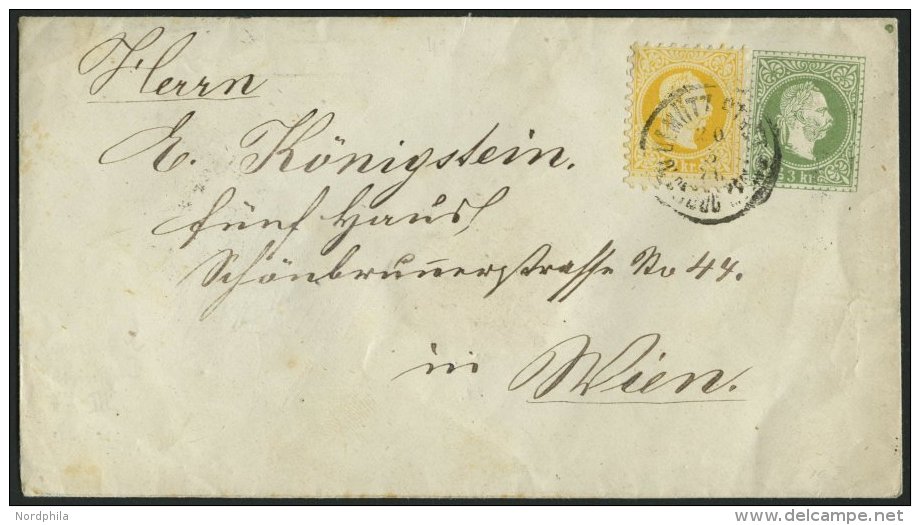 GANZSACHEN U 59,35II BRIEF, 1876, 3 Kr. Gr&uuml;n, Wz. 3, Umschlag Mit Zusatzfrankatur 2 Kr. Gelb, Feiner Druck, Nach Wi - Other & Unclassified