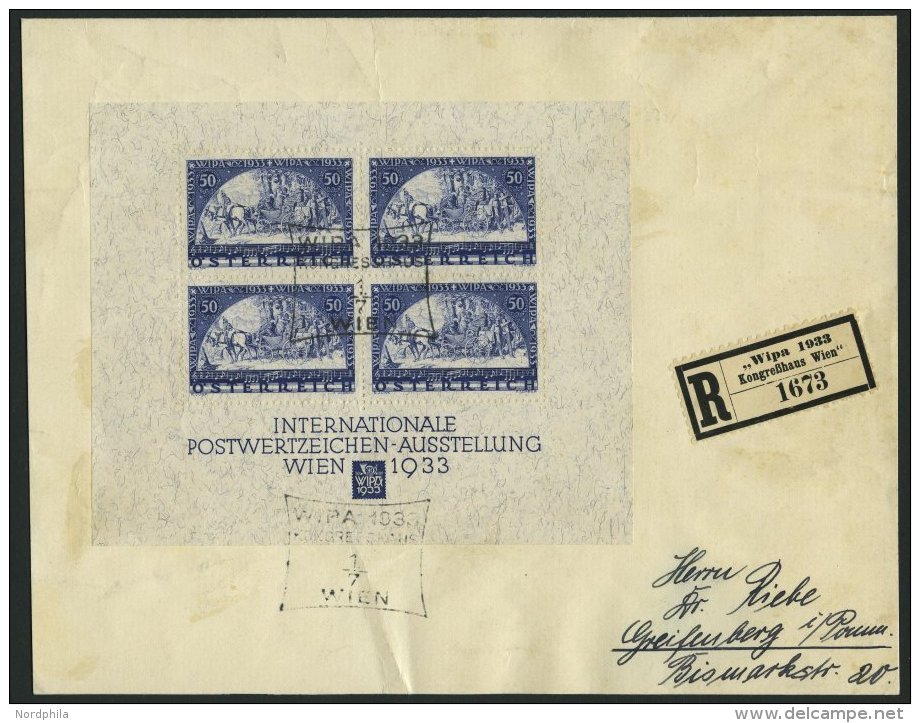 STERREICH Bl. 1, 1933, Block WIPA Auf Einschreibbrief Mit Sonderstempel KONGRESSHAUS Nach Pommern, Fotoattest Bach/Eiche - Used Stamps