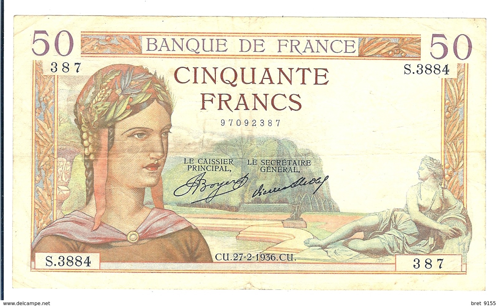 TTB BILLET CINQUANTE 50 FRANCS TYPE CERES CU 27 2 1936 - 50 F 1934-1940 ''Cérès''